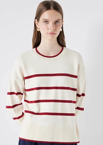 İpektol Bordo Çizgili Pamuklu Kadın Kazak - Görsel 6