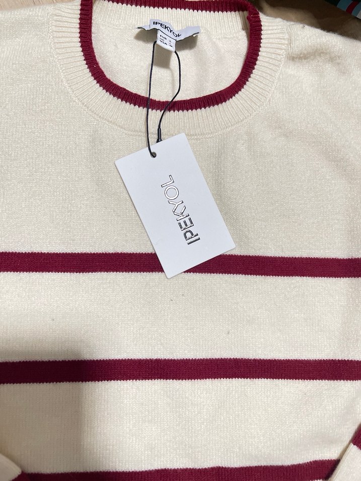 İpektol Bordo Çizgili Pamuklu Kadın Kazak - Görsel 3