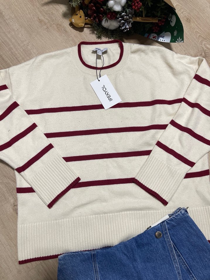 İpektol Bordo Çizgili Pamuklu Kadın Kazak - Görsel 2