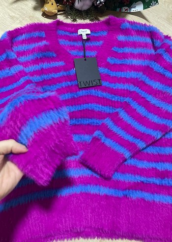 Twisr v yaka çizgili Kadın Triko Kazak - Görsel 5