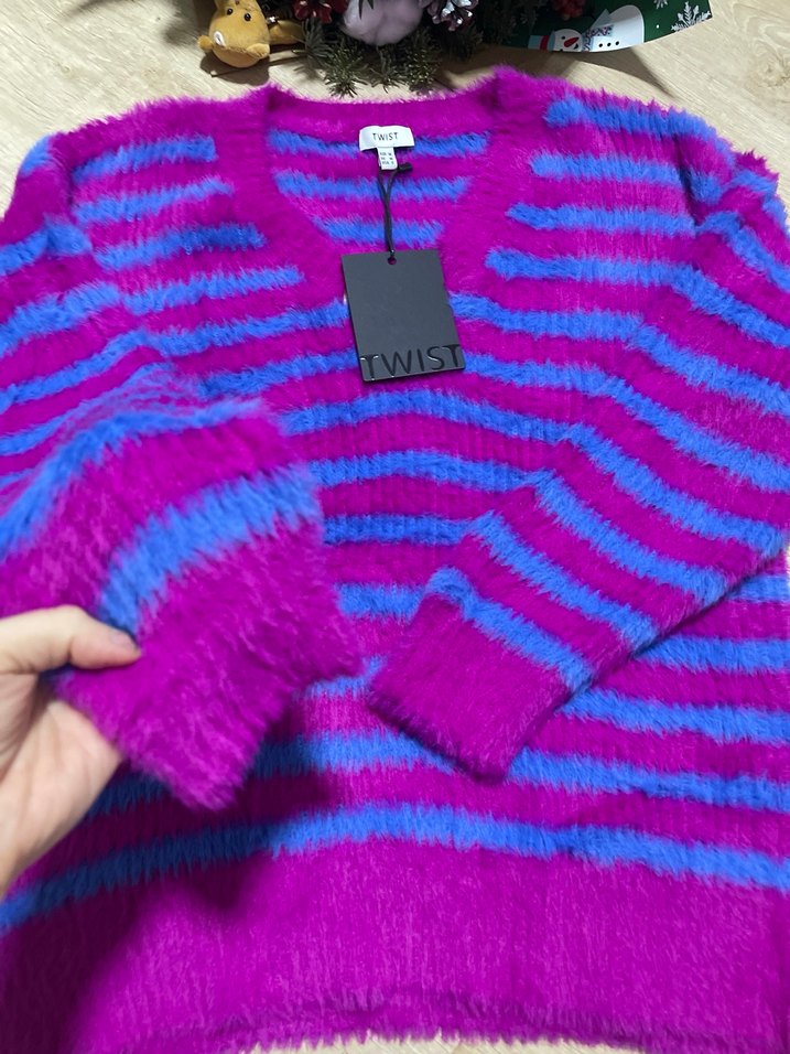 Twisr v yaka çizgili Kadın Triko Kazak - Görsel 5