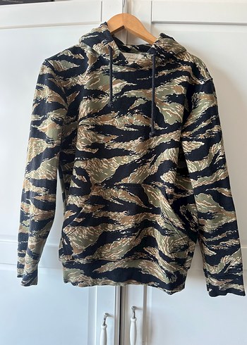 s Beden Kapüşonlu Kamuflaj Desenli Erkek Sweatshirt