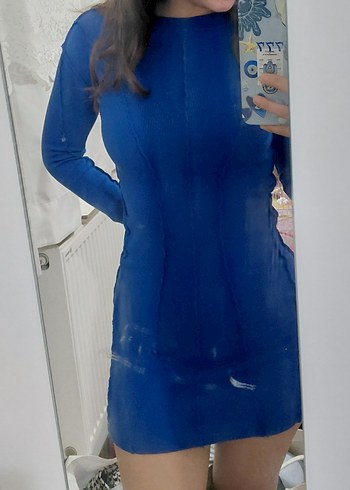 Uzun Kollu Yüksek Yakalı Mavi vücuda oturan Triko Elbise - Görsel 2