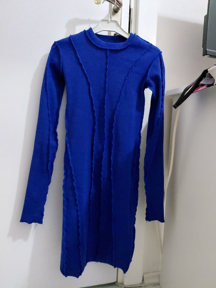 Uzun Kollu Yüksek Yakalı Mavi vücuda oturan Triko Elbise - Görsel 3