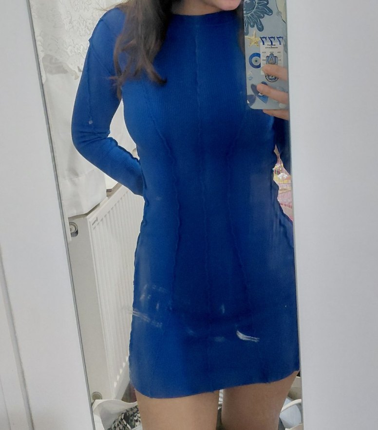 Uzun Kollu Yüksek Yakalı Mavi vücuda oturan Triko Elbise - Görsel 2