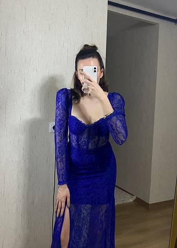 Uzun Kollu Dantelli Mavi Uzun Abiye Elbise - Görsel 3