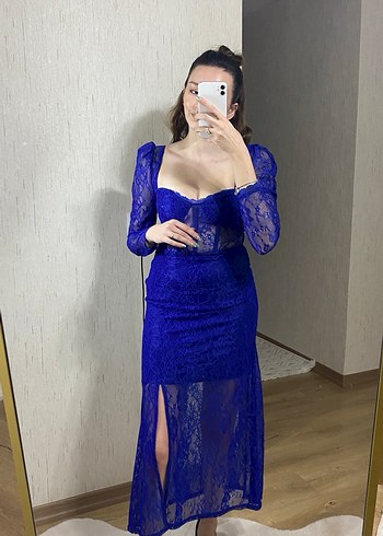 Uzun Kollu Dantelli Mavi Uzun Abiye Elbise - Görsel 2