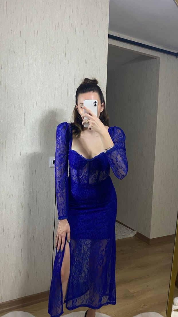 Uzun Kollu Dantelli Mavi Uzun Abiye Elbise - Görsel 3