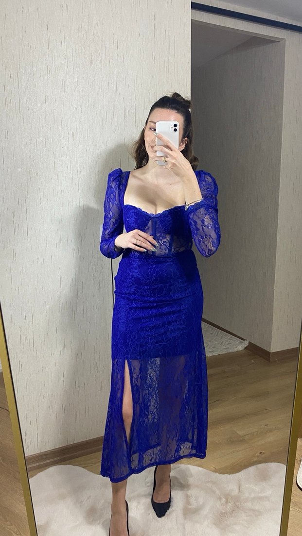 Uzun Kollu Dantelli Mavi Uzun Abiye Elbise - Görsel 2
