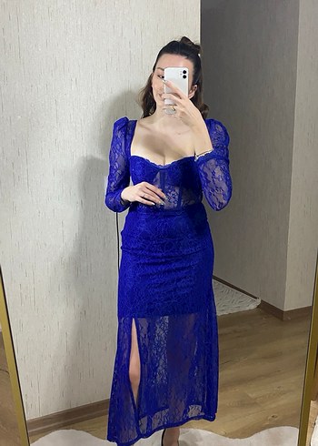 Dantelli Lacivert Uzun Abiye Elbise - Görsel 2