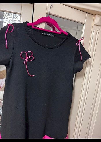 Pembe Siyah Kısa Kollu Salaş Elbise - Görsel 4