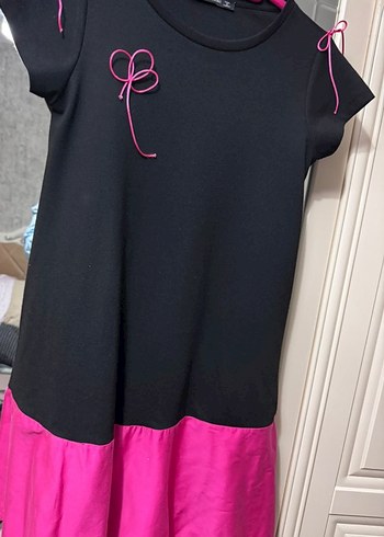 Pembe Siyah Kısa Kollu Salaş Elbise - Görsel 3