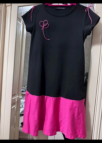 Pembe Siyah Kısa Kollu Salaş Elbise - Görsel 2