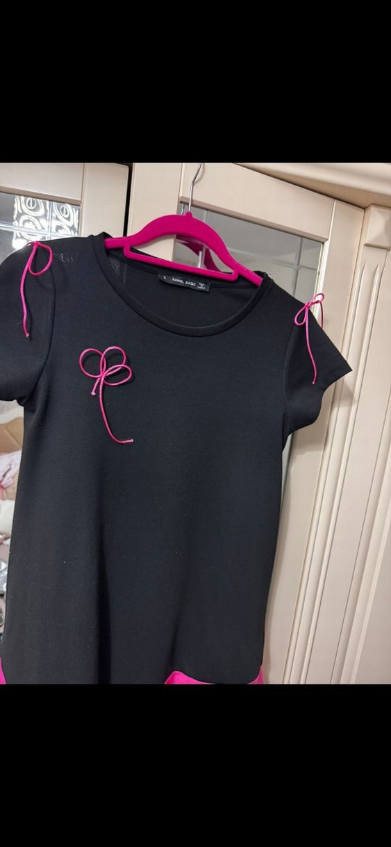 Pembe Siyah Kısa Kollu Salaş Elbise - Görsel 4