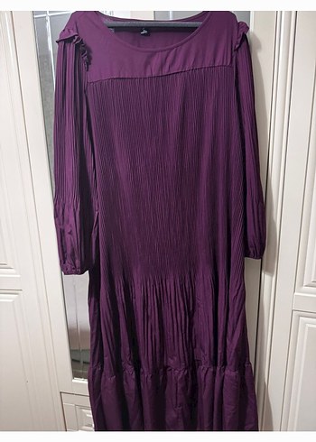 Mor Piliseli Uzun Kollu Kadın Elbise - Görsel 5