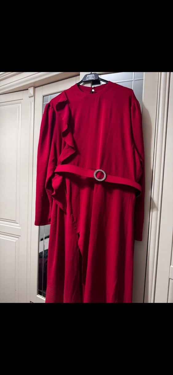 Kırmızı Uzun Kollu Fırfırlı Uzun tunik - Görsel 4