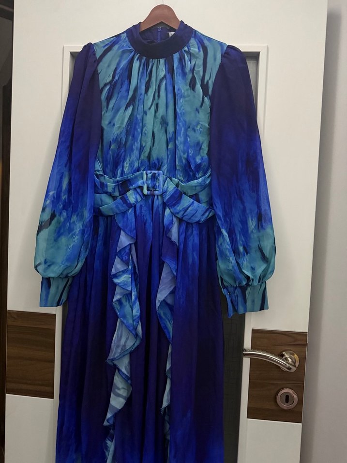 Uzun Kollu Mavi Batik Desenli Uzun Elbise - Görsel 2