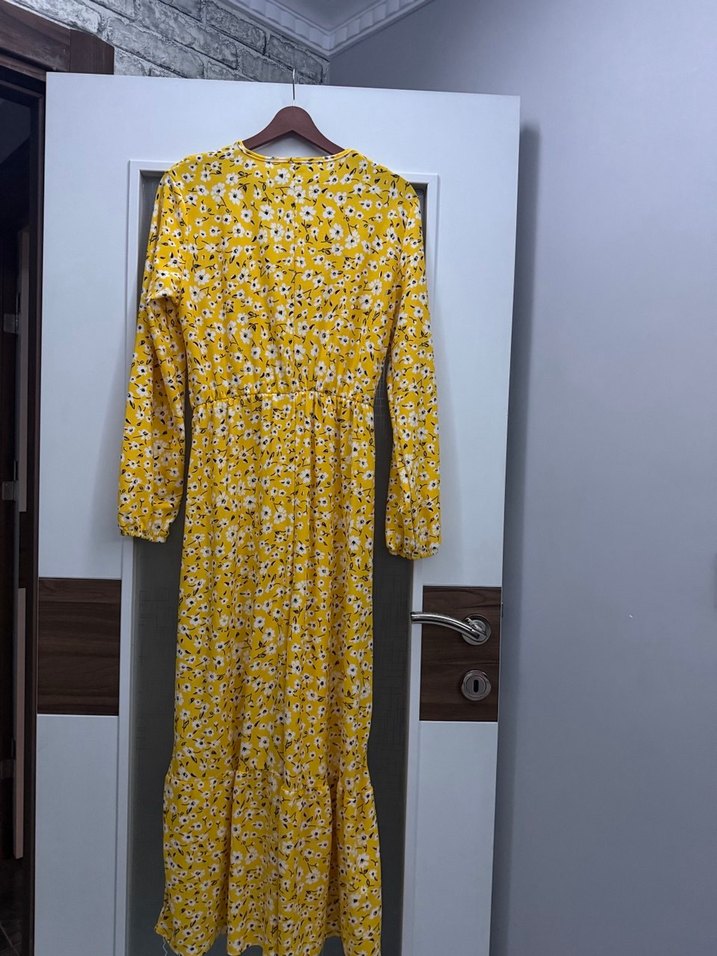 Sarı Uzun Kollu Fırfırlı Bohem Elbise - Görsel 2