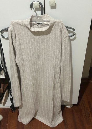 Bej Yüksek Yaka Triko Kazak diz üstü Elbise - Görsel 2