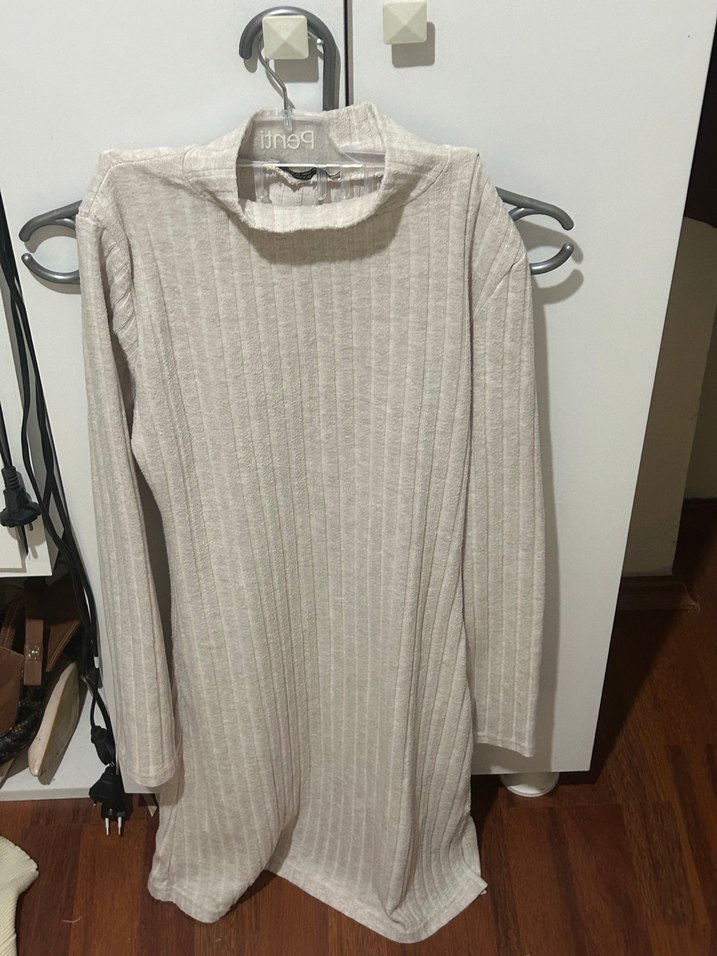 Bej Yüksek Yaka Triko Kazak diz üstü Elbise - Görsel 2