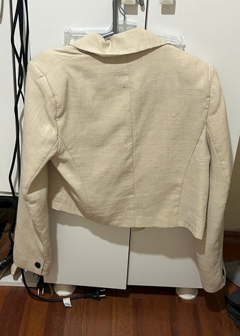 Bej Keten Mini Düğmeli kısa Blazer ceket - Görsel 2