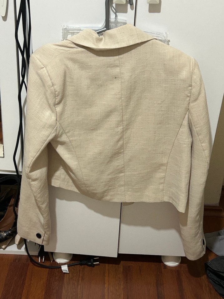 Bej Keten Mini Düğmeli kısa Blazer ceket - Görsel 2