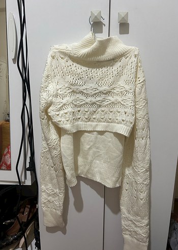 Beyaz Bohem Örgü Yüksek Yakalı takım Kazak - Görsel 3