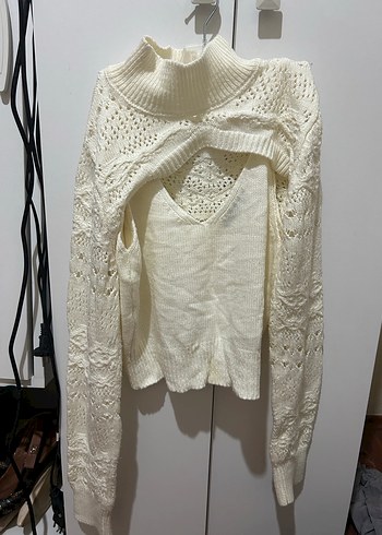 Beyaz Bohem Örgü Yüksek Yakalı takım Kazak - Görsel 2