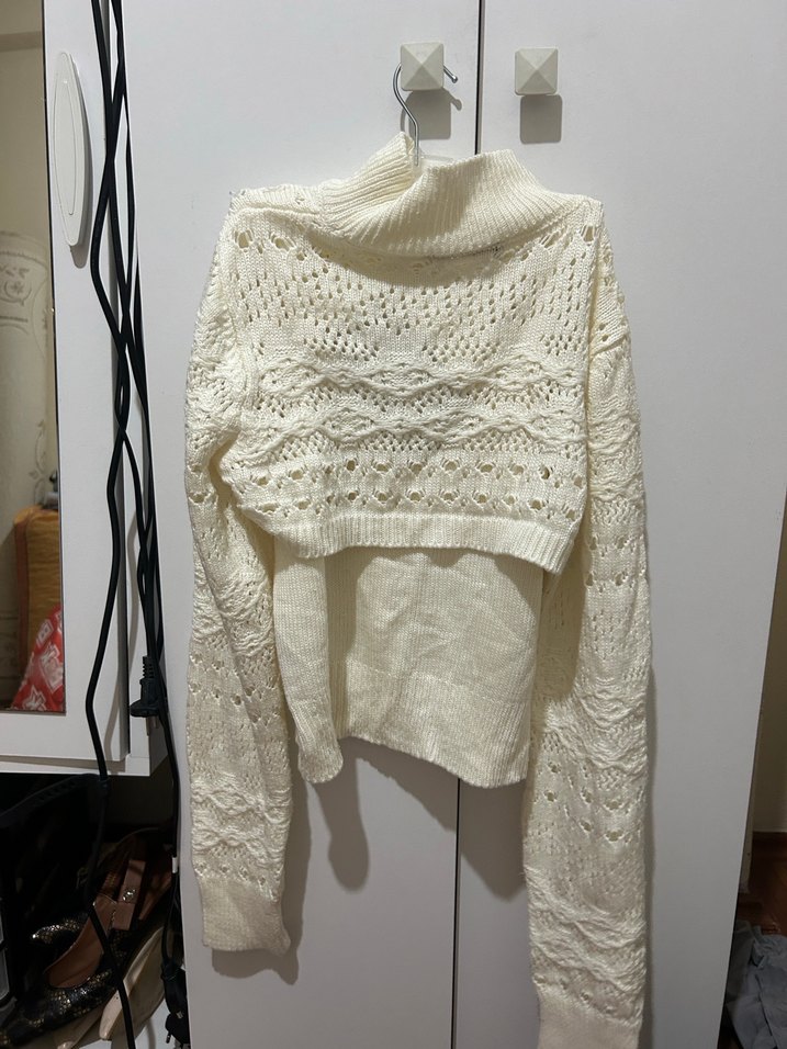 Beyaz Bohem Örgü Yüksek Yakalı takım Kazak - Görsel 3