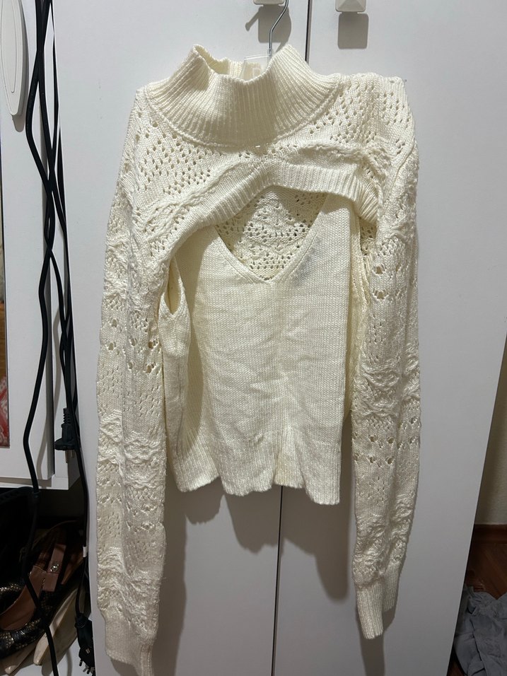 Beyaz Bohem Örgü Yüksek Yakalı takım Kazak - Görsel 2