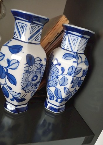 Paşabahçe Mavi Desenli Seramik Vazo Çifti