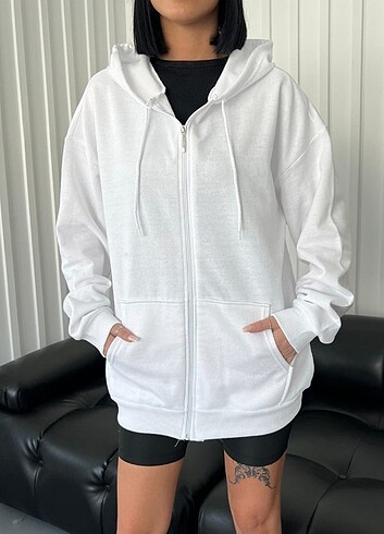 l Beden Beyaz Oversize Fermuarlı Hırka