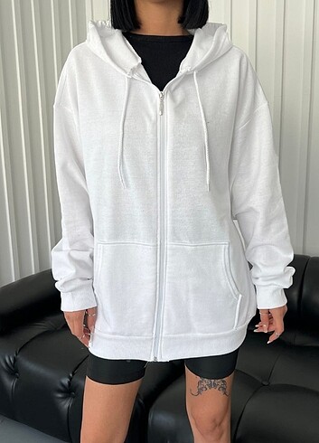 l Beden beyaz Renk Beyaz Oversize Fermuarlı Hırka