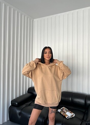 Bej Oversize Kapüşonlu Sweatshirt