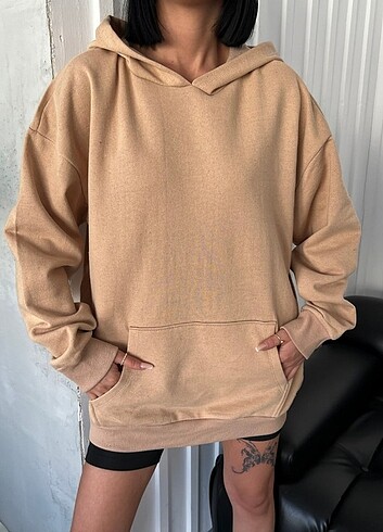 xl Beden kahverengi Renk Bej Oversize Kapüşonlu Sweatshirt