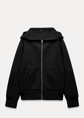 Siyah Fermuarlı Kapüşonlu Sweatshirt