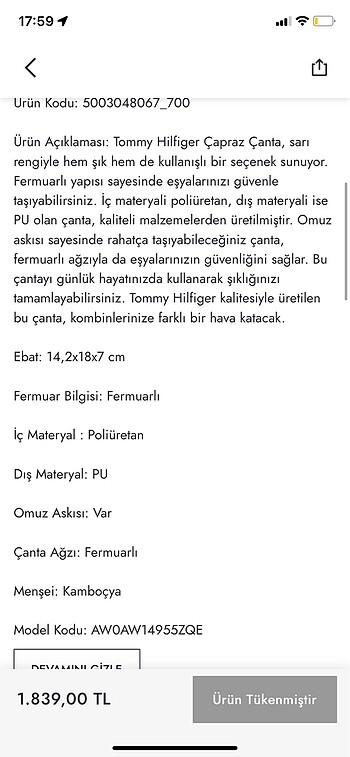  Beden ten rengi Renk Rugan tommy çanta