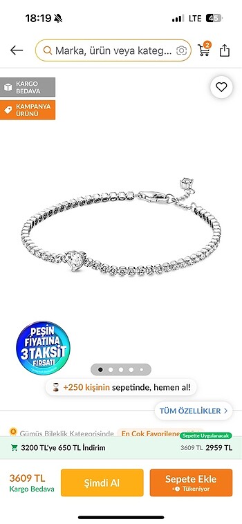 pandora ışıltılı kalp tenis bileklik