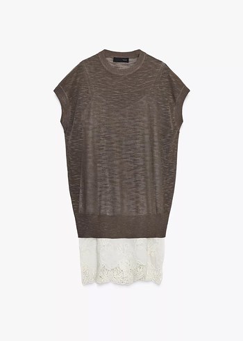 Dantel Detaylı Bej Midi Pamuklu Elbise - Görsel 3