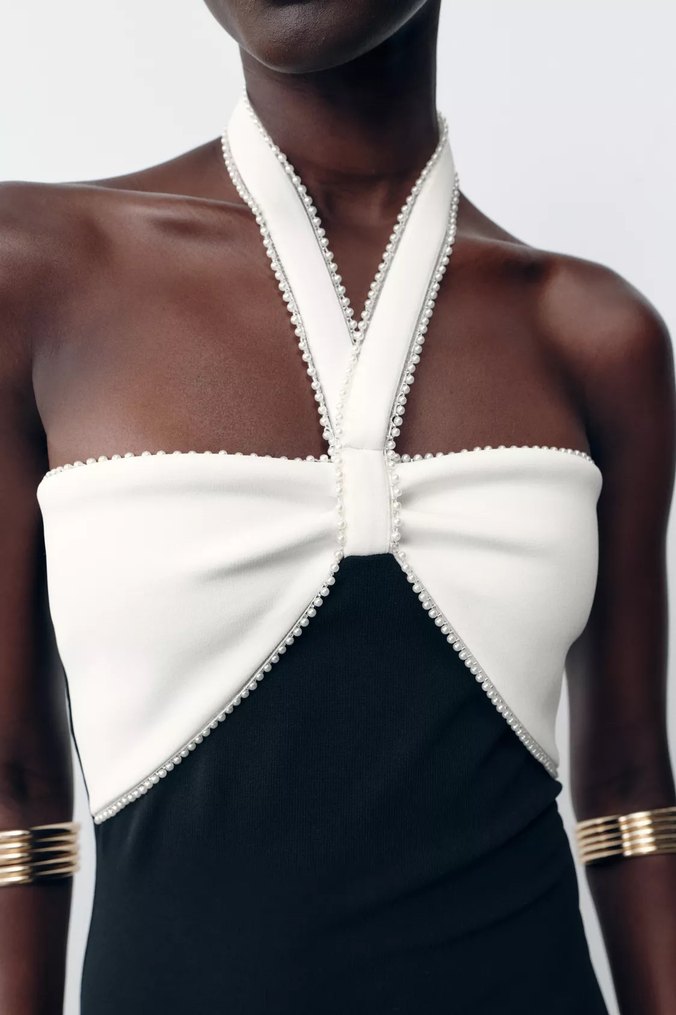 Zara Siyah Beyaz Drapeli Uzun Elbise - Görsel 3