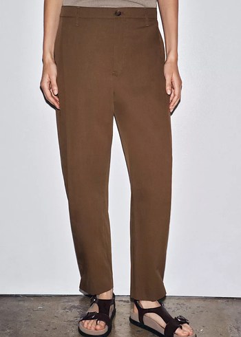 Kadın Kahverengi pensli kemer köprülü pantolon - Görsel 3