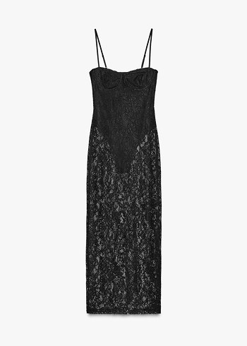 Zara Siyah Dantel Detaylı Uzun Abiye Elbise