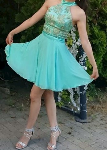 Turkuaz Nakışlı Mini Abiye Elbise - Görsel 2