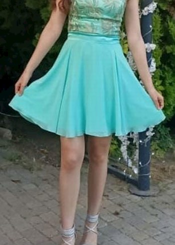 Turkuaz Nakışlı Mini Abiye Elbise - Görsel 3