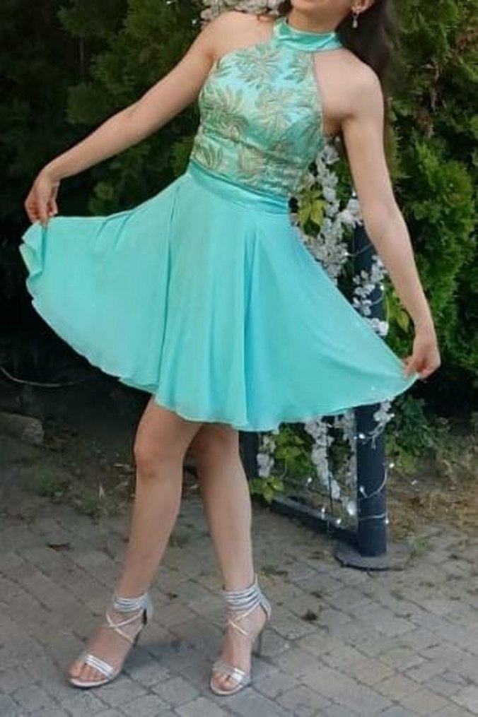 Turkuaz Nakışlı Mini Abiye Elbise - Görsel 2