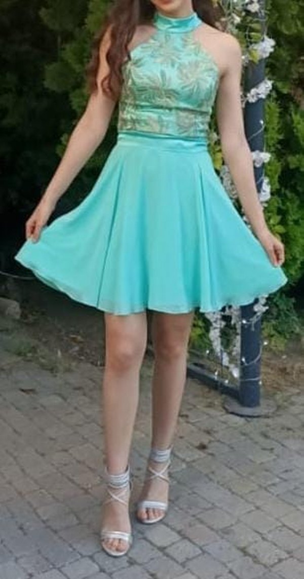 Turkuaz Nakışlı Mini Abiye Elbise - Görsel 3