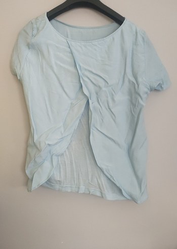 Mavi Kısa Kollu  Keten Bluz - Görsel 2