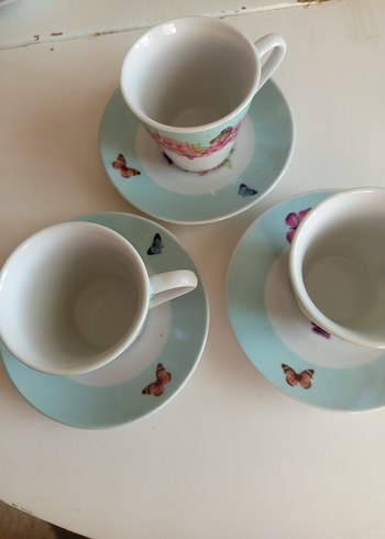 Turkuaz Kelebekli Çiçek Desenli 3'lü Fincan Seti - Görsel 7
