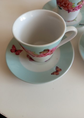 Turkuaz Kelebekli Çiçek Desenli 3'lü Fincan Seti - Görsel 2