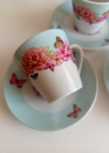 Turkuaz Kelebekli Çiçek Desenli 3'lü Fincan Seti - Görsel 5